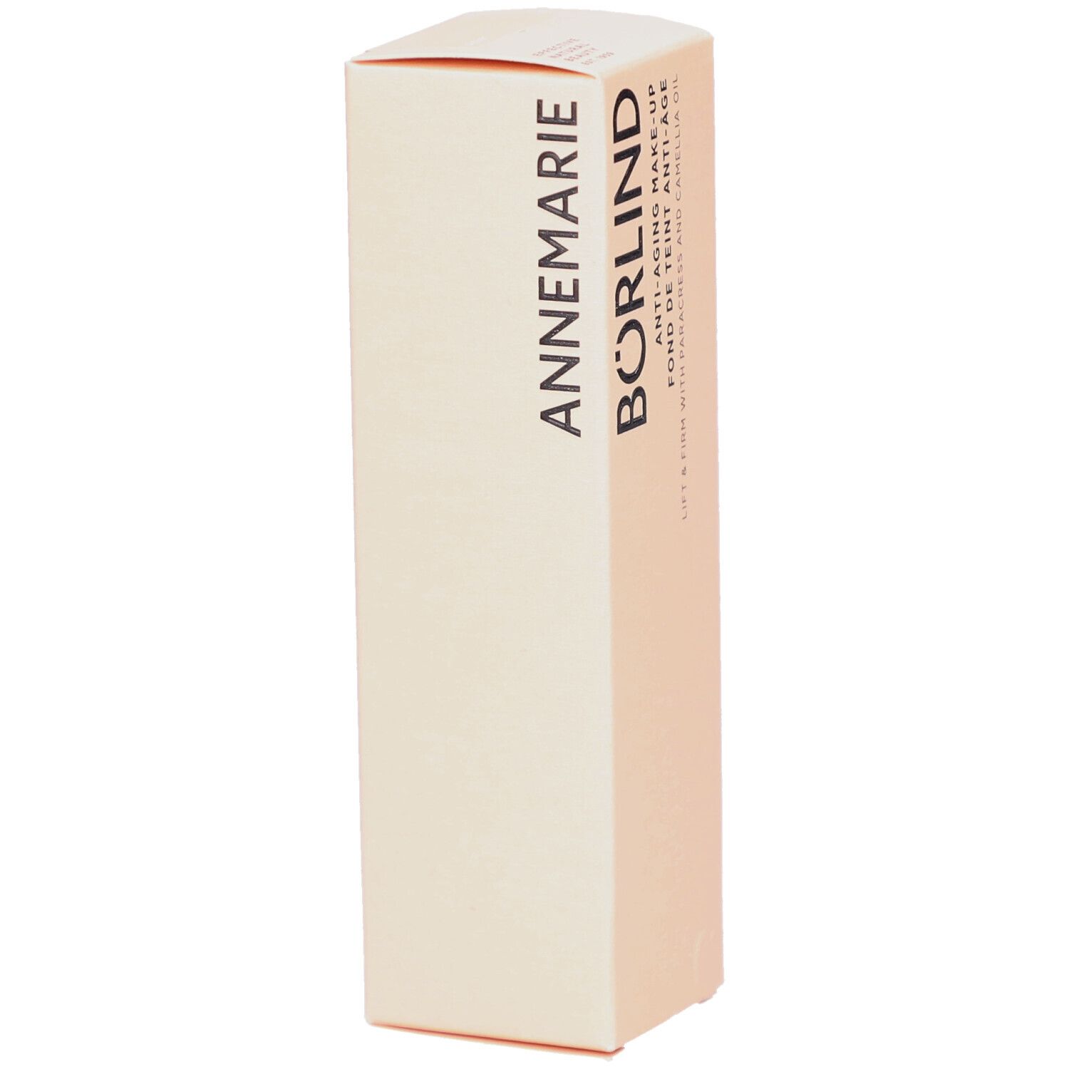 Beige Verpackung mit ANNE MARIE BÖRLIND. Text: Anti-Aging Make-up. Schräge Ansicht.