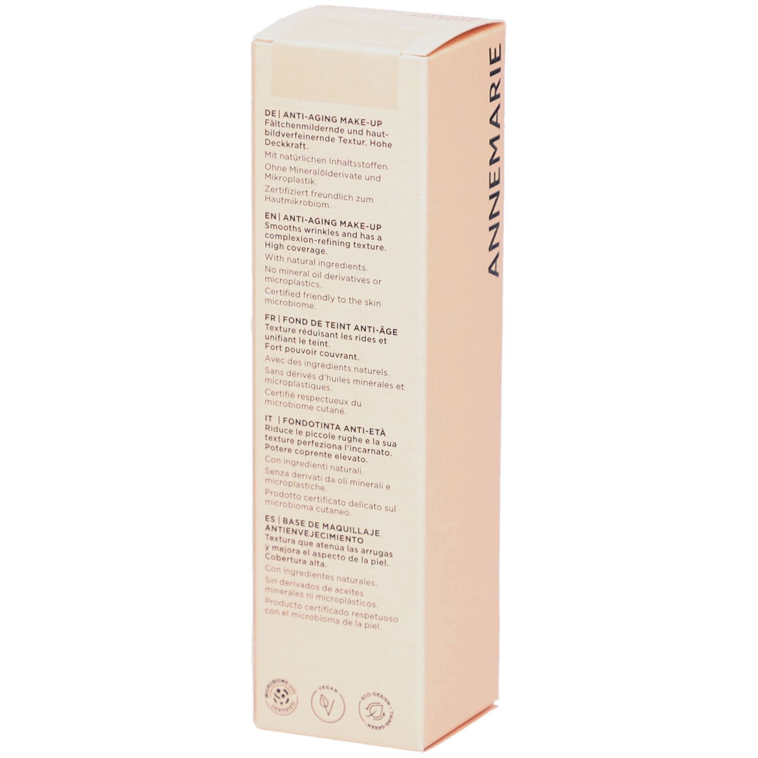 Beige Verpackung mit Texten in Deutsch, Englisch, Französisch und Italienisch. Text: Anti-Aging Make-up.
