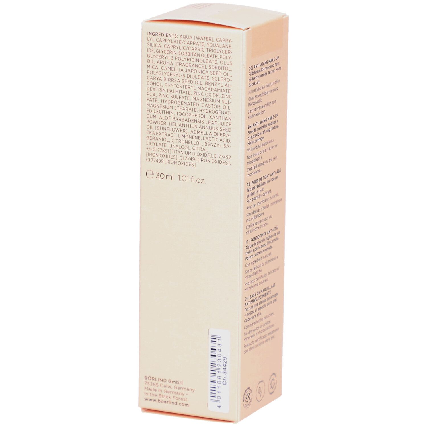 Beige Verpackung mit Inhaltsstoffen und Texten. Text: BÖRLIND. 30ml. 1.01 fl.oz.