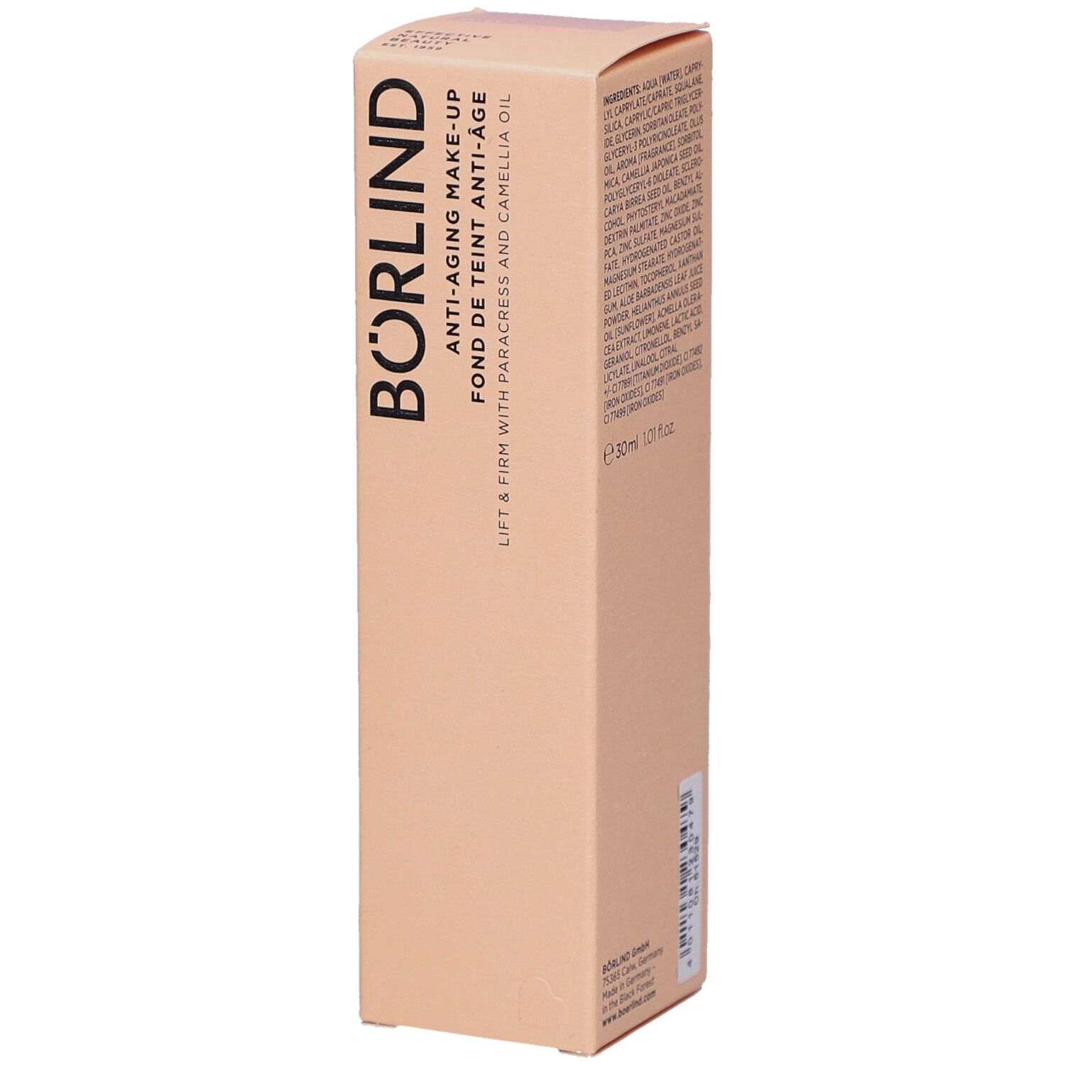 Beige Verpackung mit Produktinformationen. Schriftzug: BÖRLIND Anti-Aging Make-Up. Enthält Paracress und Kamelienöl.