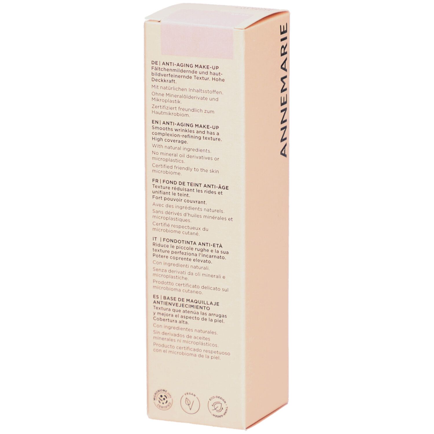 Beige Verpackung mit Produktinformationen in Deutsch, Englisch, Französisch und Italienisch. Mit Zertifizierungen.