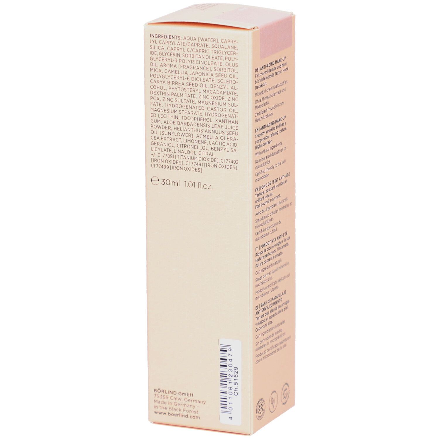 Beige Verpackung mit Inhaltsstoffliste. Enthält Aqua, Capryl, Silica, etc. Mit E30ml/1.01 fl.oz.