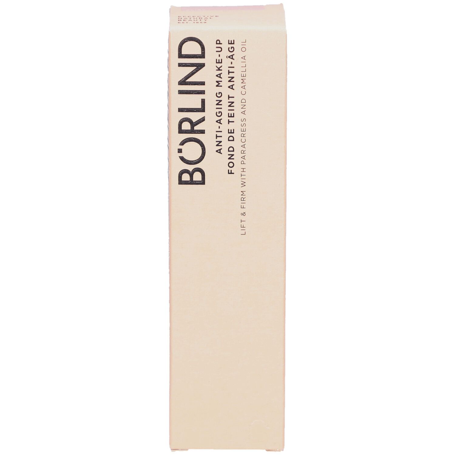Beige Verpackung mit Schriftzug: BÖRLIND Anti-Aging Make-Up. Enthält Paracress und Kamelienöl.