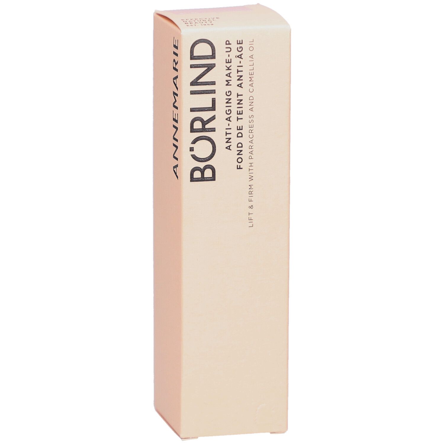 Beige Verpackung mit Schriftzug: BÖRLIND Anti-Aging Make-Up. Enthält Paracress und Kamelienöl.