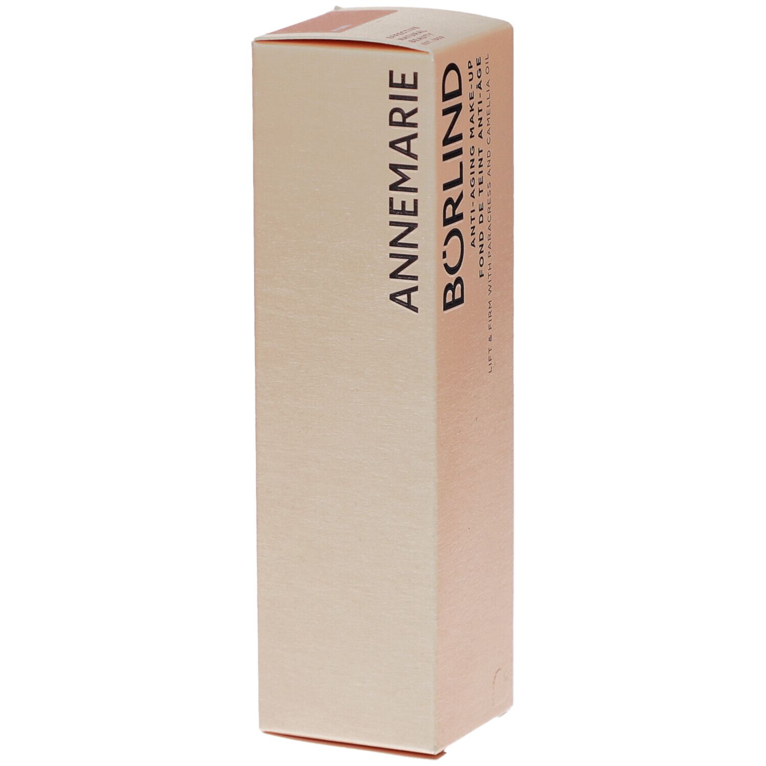 BÖRLIND Anti-Aging Make-up Verpackung. Beige Karton mit Produktinformationen und Logo. Text: Annemarie Börlind.