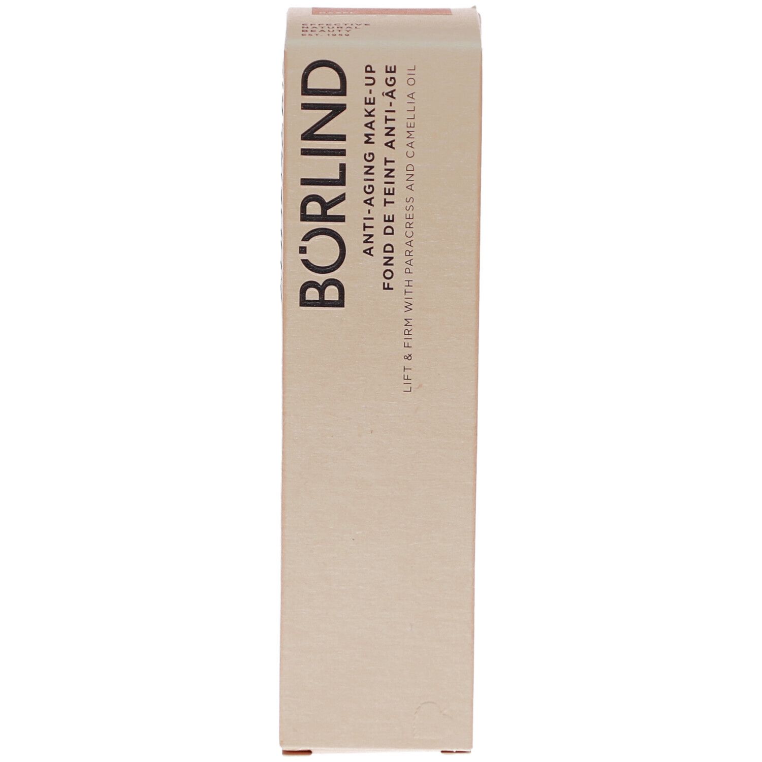 BÖRLIND Anti-Aging Make-up Verpackung. Beige Karton mit Produktinformationen und Logo. Text: Lift & Firm mit Paracress und Camellia Oil.