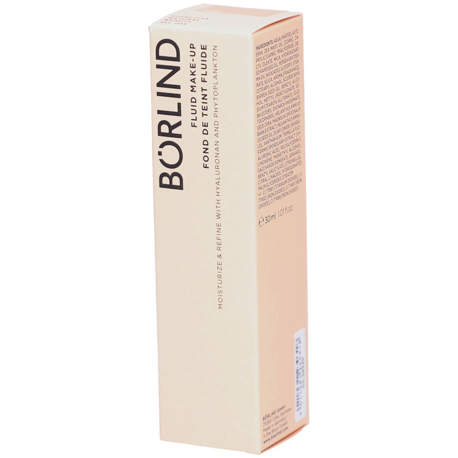 Börlind Fluid Make-up-Verpackung. Beige-farbener Karton mit Produktinformationen und Logo. 30ml.