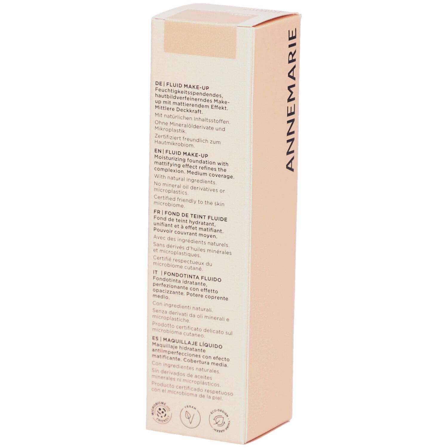 Rückseite der Börlind Fluid Make-up-Verpackung. Mehrsprachige Produktinformationen, Inhaltsstoffe und Zertifizierungen.