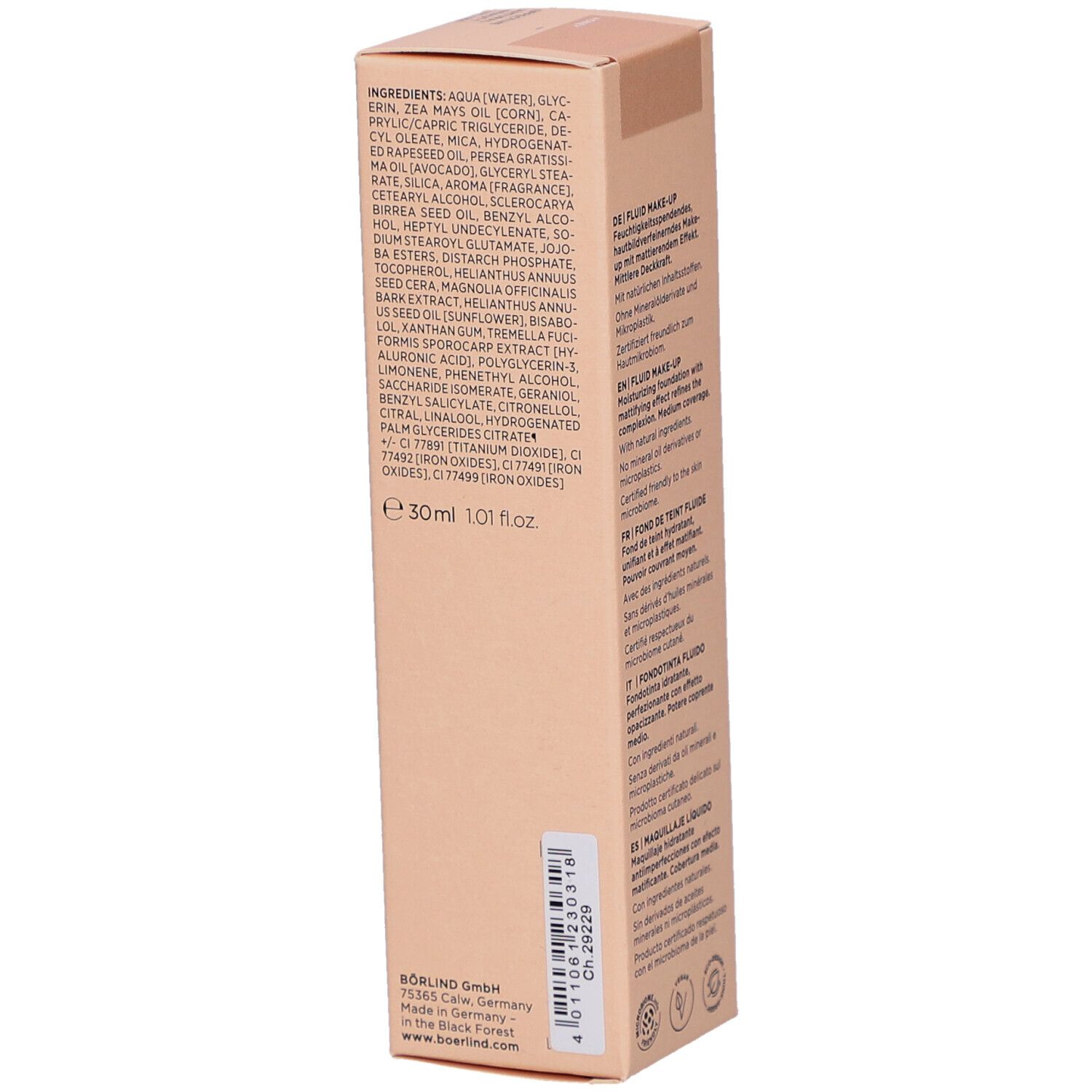 Seite der Börlind Fluid Make-up-Verpackung. Auflistung der Inhaltsstoffe und Produktinformationen.