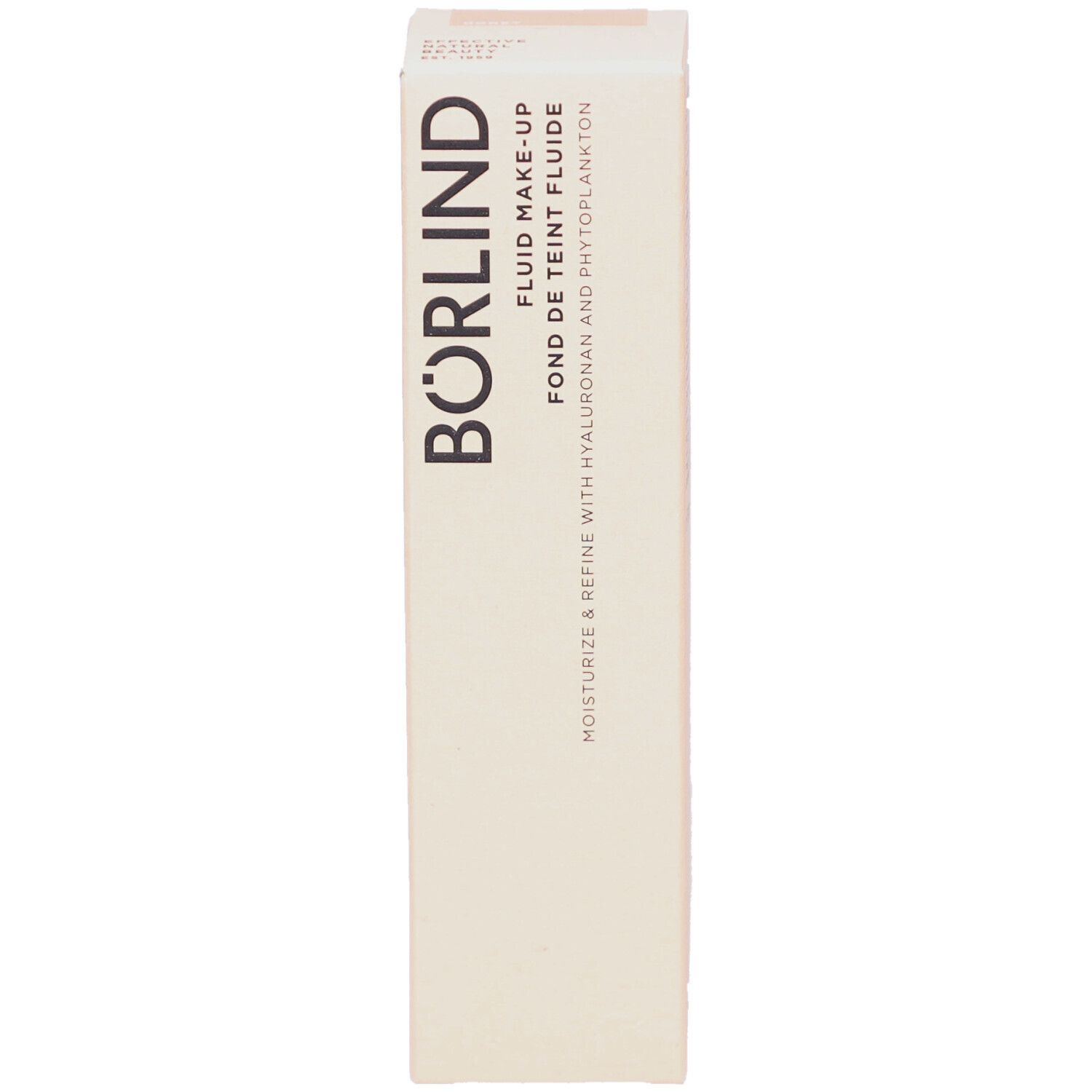 Börlind Fluid Make-up-Verpackung. Beige-farbener Karton mit Produktbezeichnung und Logo.