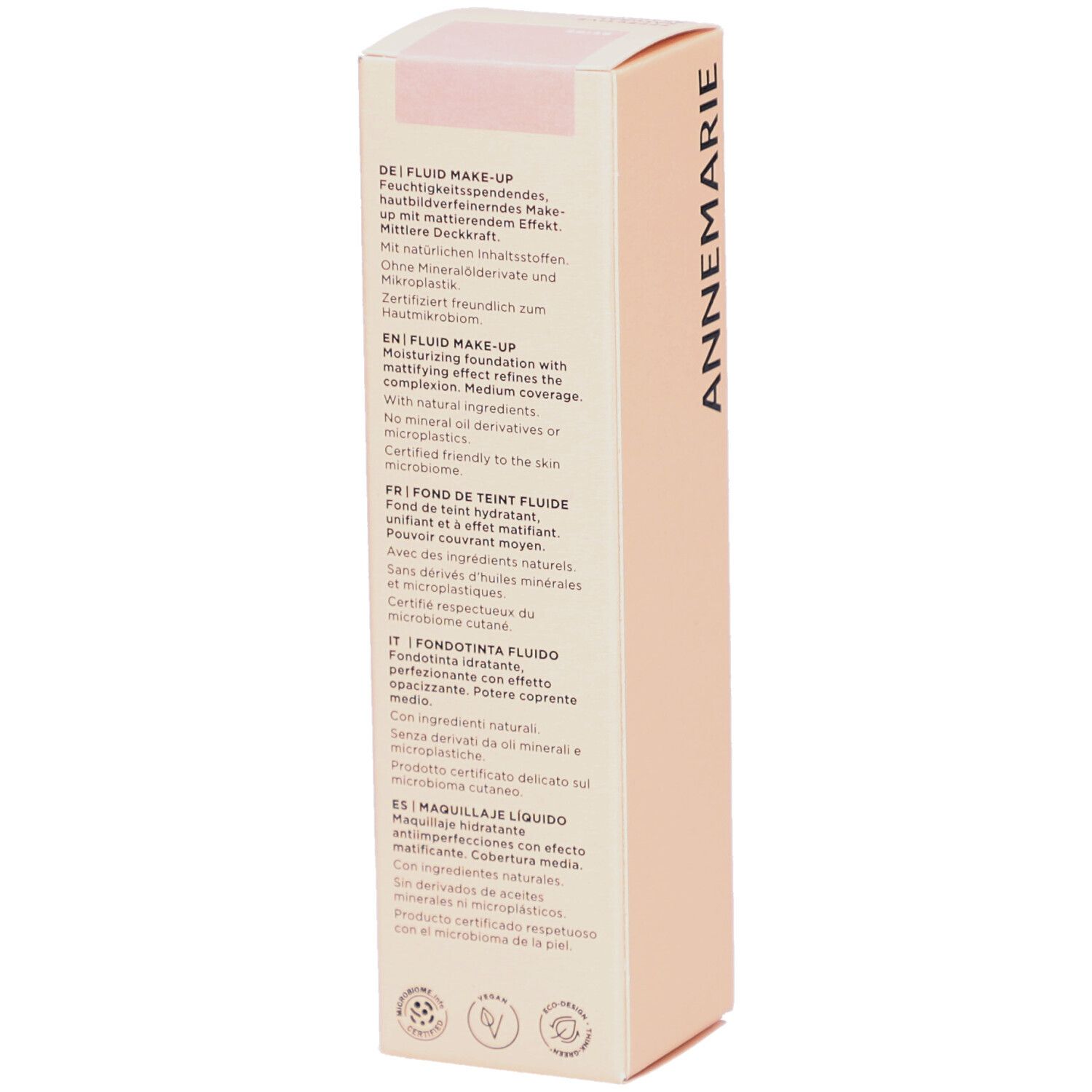 Rückseite der BÖRLIND Fluid Make-up-Verpackung. Text in Deutsch, Englisch, Französisch und Italienisch. Inhaltsstoffe und Zertifizierungen.