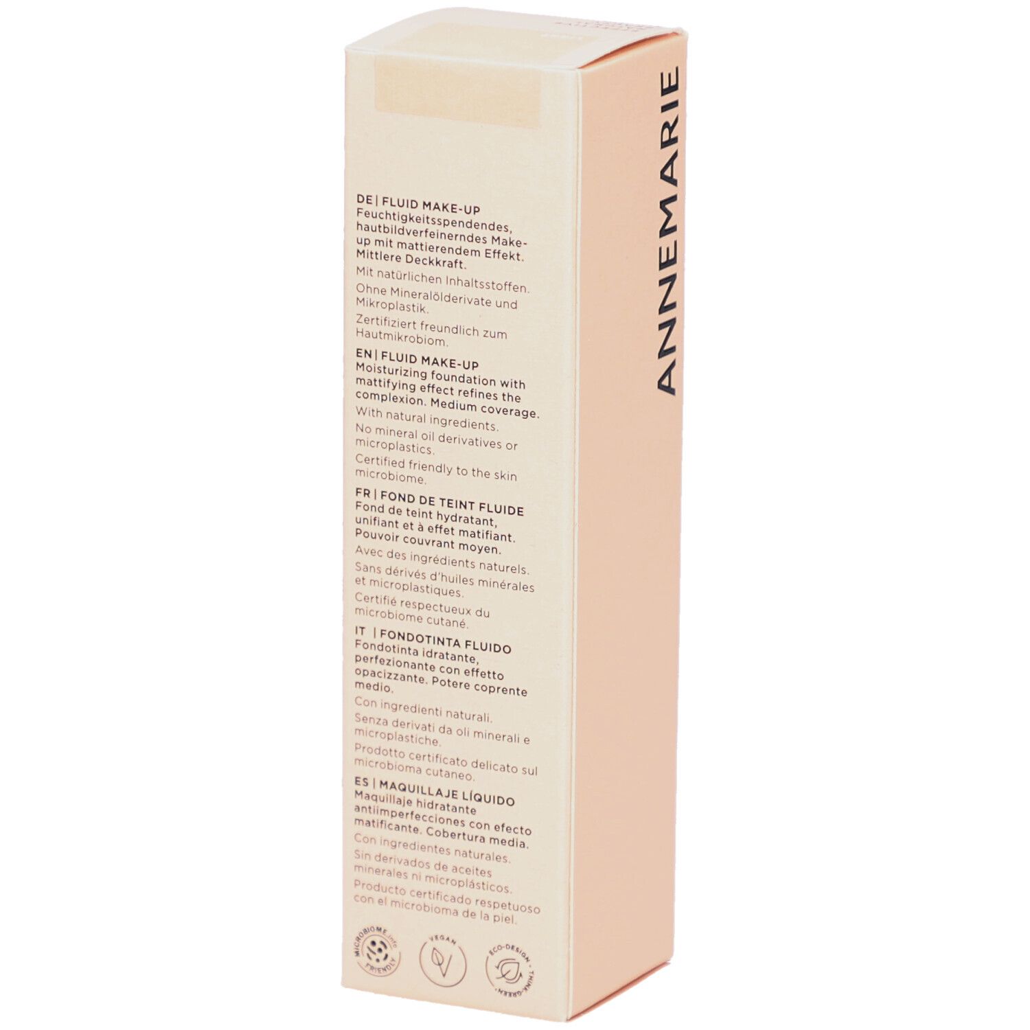 Beige Kartonverpackung. Text in Deutsch, Englisch, Französisch, Italienisch und Spanisch. Produktinformationen und Inhaltsstoffe.