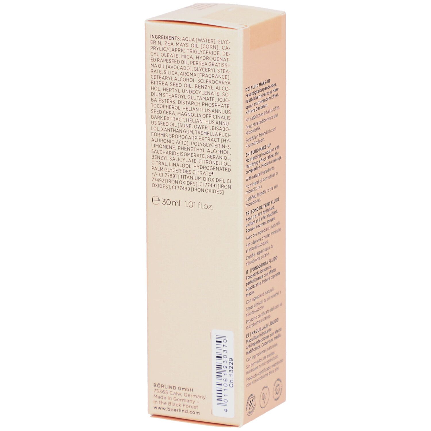 Beige Kartonverpackung. Auflistung der Inhaltsstoffe. Volumen: 30ml. Herstellerinformationen. Logos.