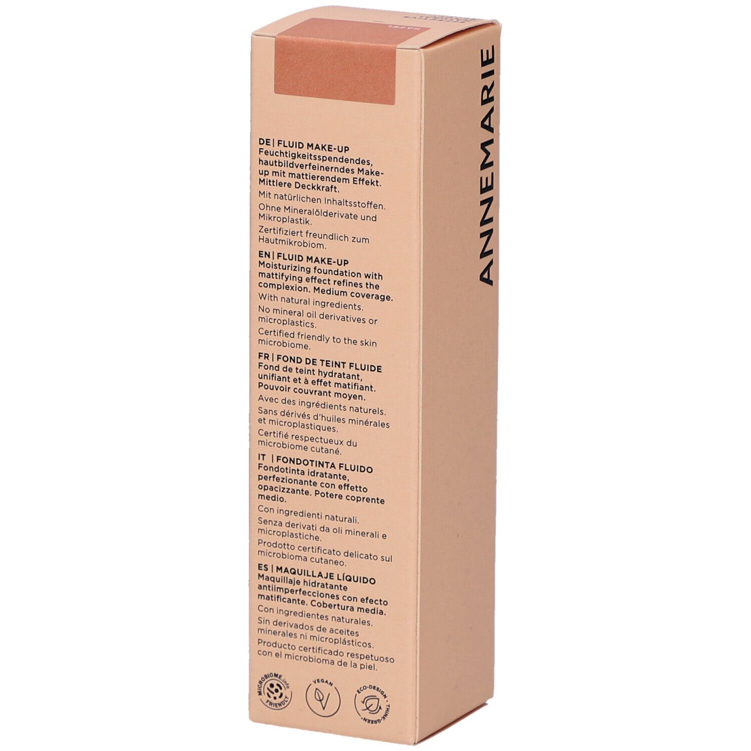 Rückseite der ANNEMARIE BÖRLIND Make-up Verpackung. Mehrsprachige Produktbeschreibungen und Zertifizierungen.