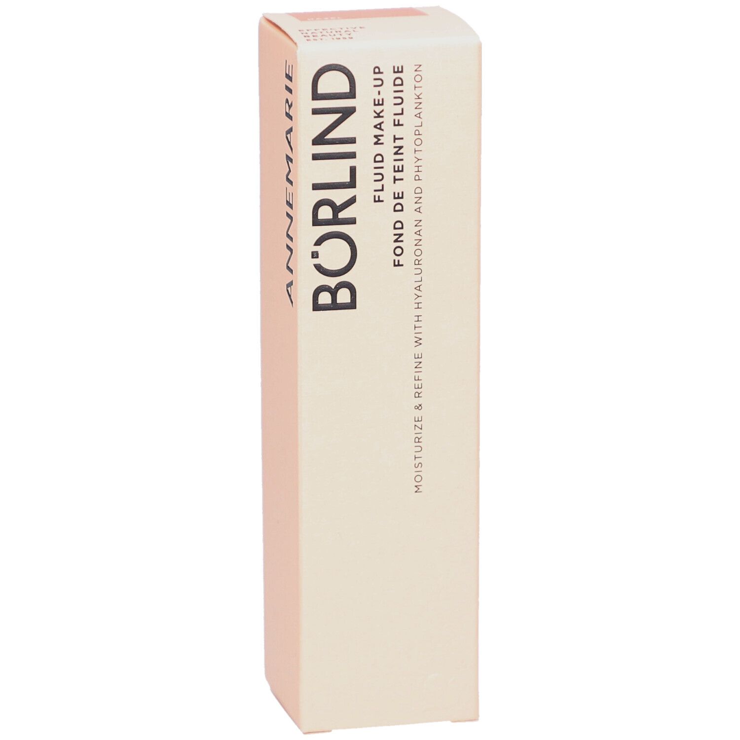 ANNEMARIE BÖRLIND Flüssiges Make-up Hazel Verpackung. Beige-rosa Karton mit Produktnamen und Logo.