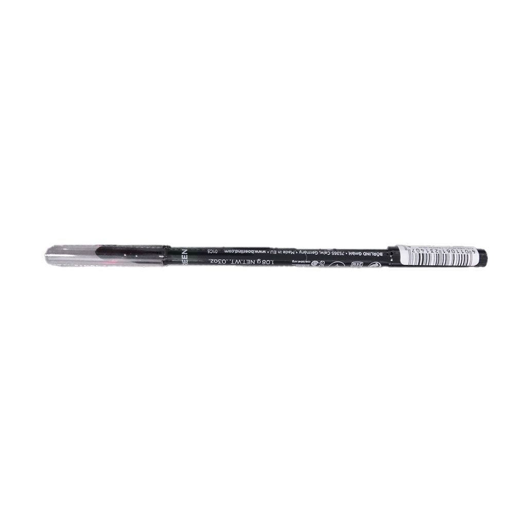 Kajalstift, dunkelgrün. Schwarzer Stift mit silberner Kappe. Aufschrift: 1.0g NET WT. 0302. Barcode.