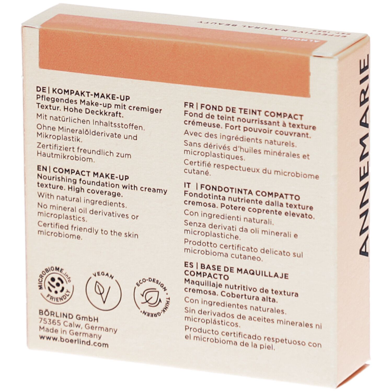 Rückseite der Kompakt Make-up-Verpackung. Text in Deutsch, Englisch, Französisch, Italienisch und Spanisch.