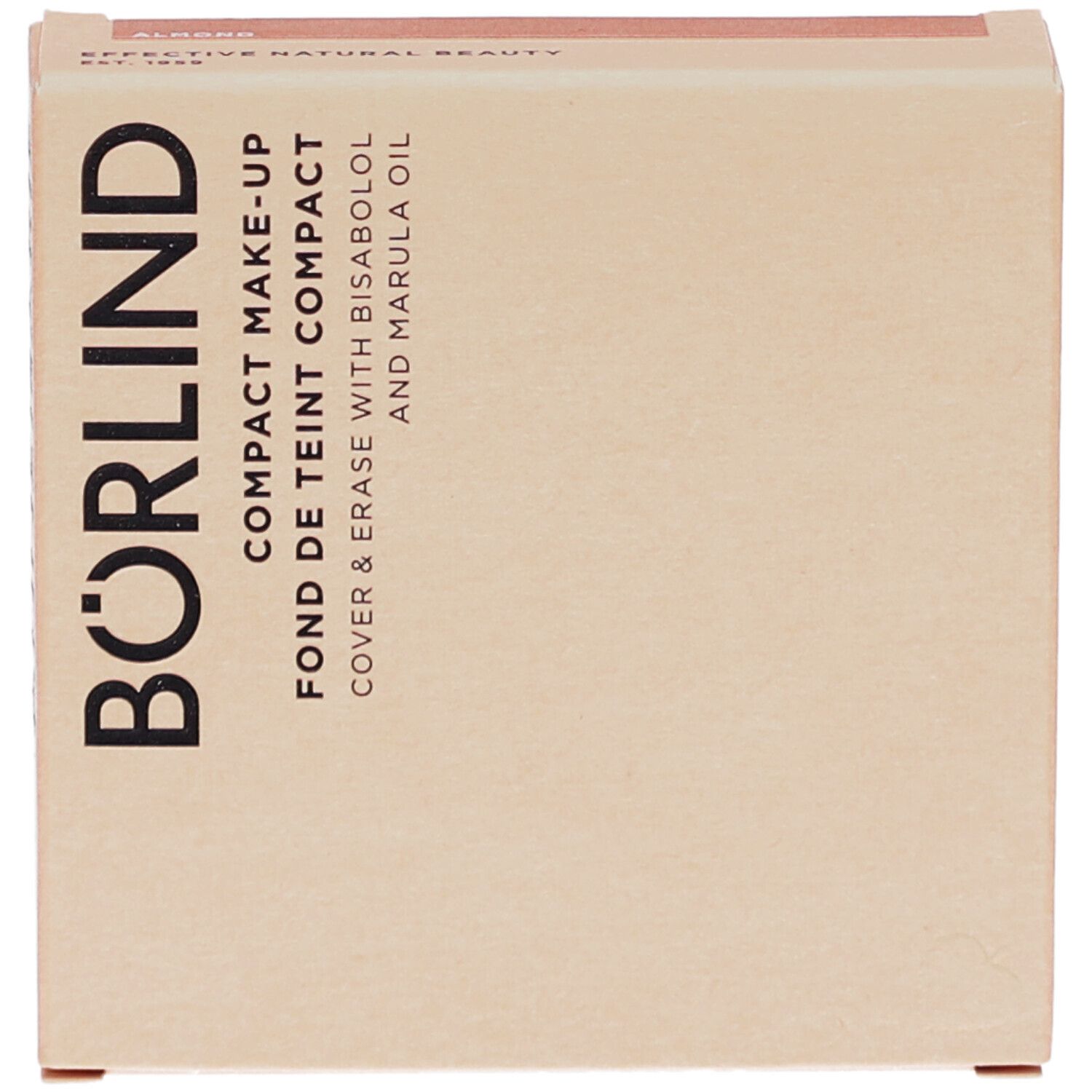 Kompakt Make-up-Verpackung. Beige-rosa Karton mit Produktinformationen und Markennamen BÖRLIND.