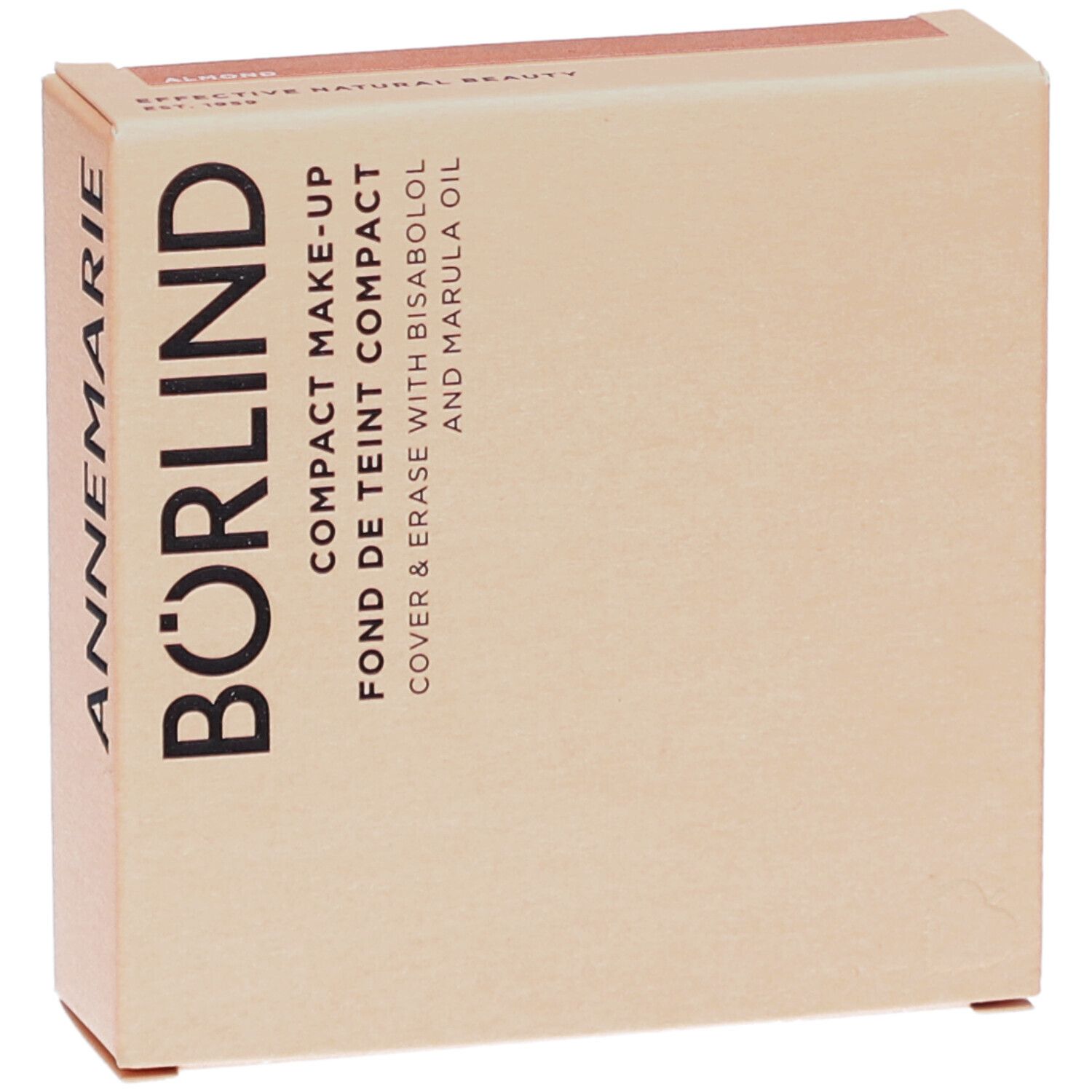 Kompakt Make-up-Verpackung. Beige-rosa Karton mit Produktinformationen und Markennamen ANNEMARIE BÖRLIND.