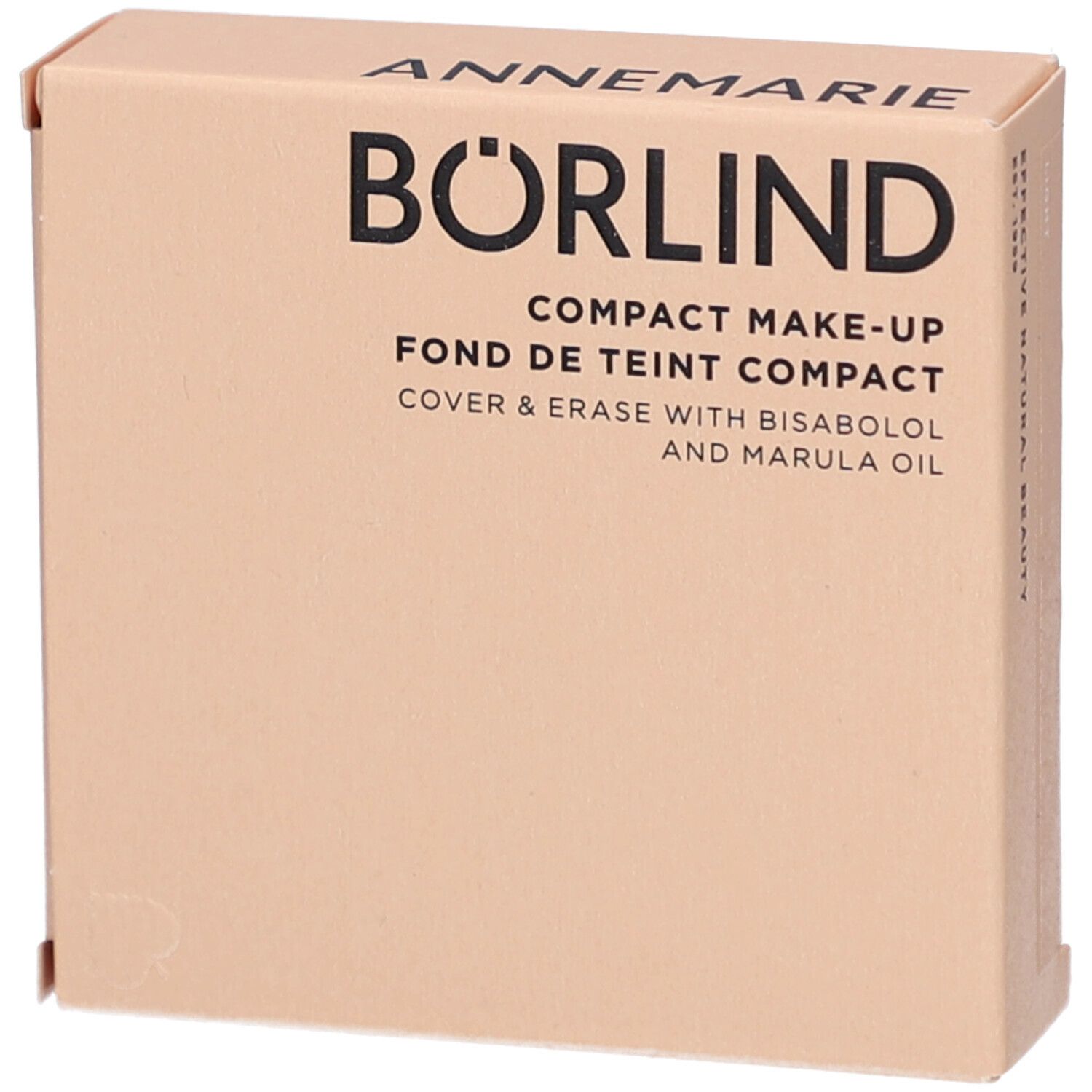 Kompakt-Make-up-Verpackung. Marke: Annemarie Börlind. Text: Compact Make-up, Cover & Erase. Beige Kartonage.