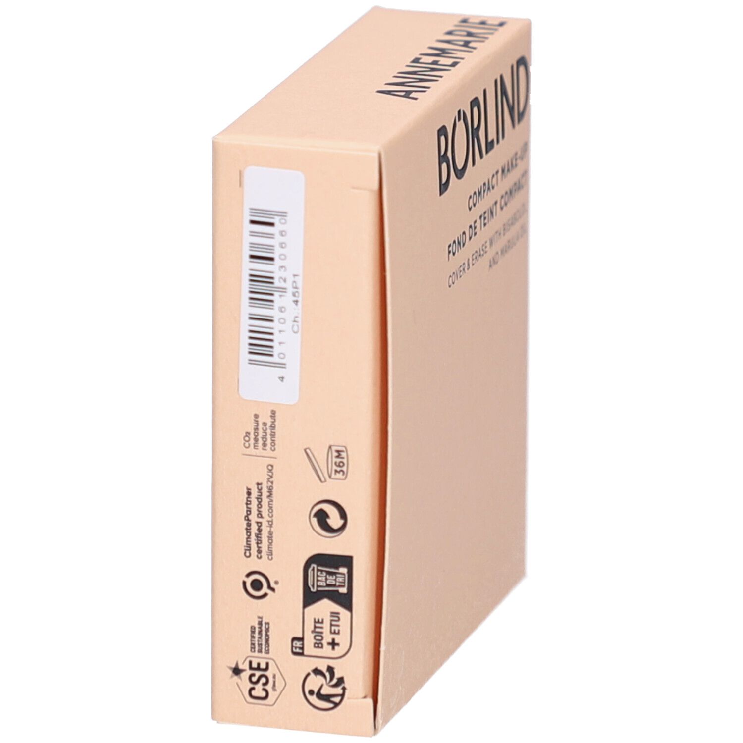 Kompakt-Make-up-Verpackung. Marke: Annemarie Börlind. Barcode und Logos. Beige Kartonage.
