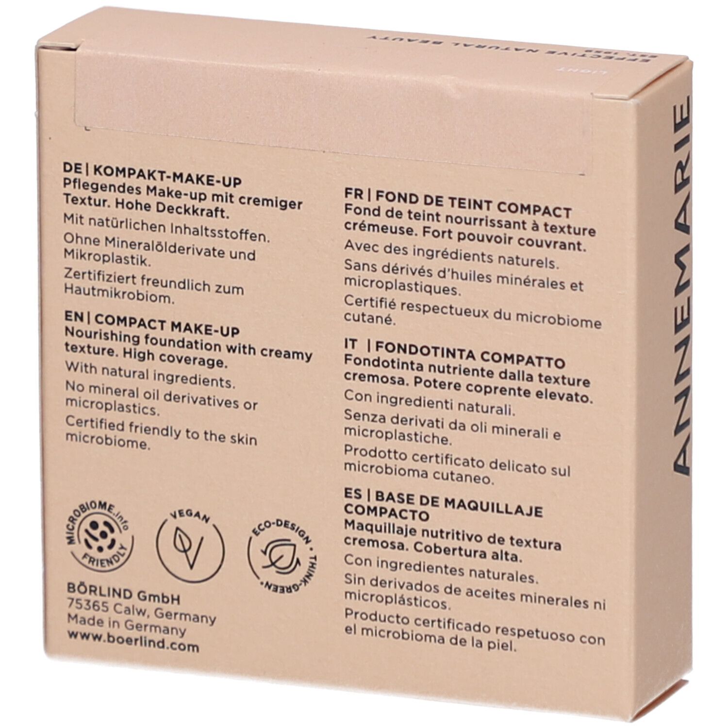 Kompakt-Make-up-Verpackung. Marke: Annemarie Börlind. Text in Deutsch, Französisch, Italienisch, Spanisch. Beige Kartonage.