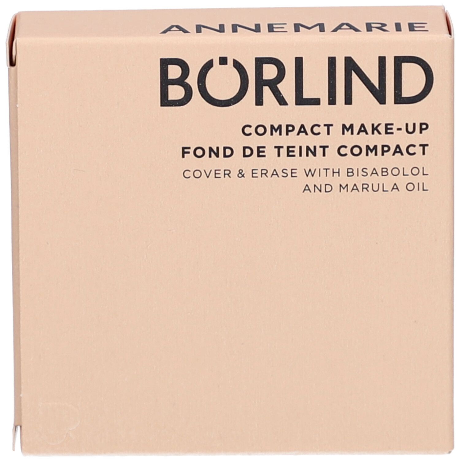 Kompakt-Make-up-Verpackung. Marke: Annemarie Börlind. Text: Compact Make-up, Cover & Erase. Beige Kartonage.