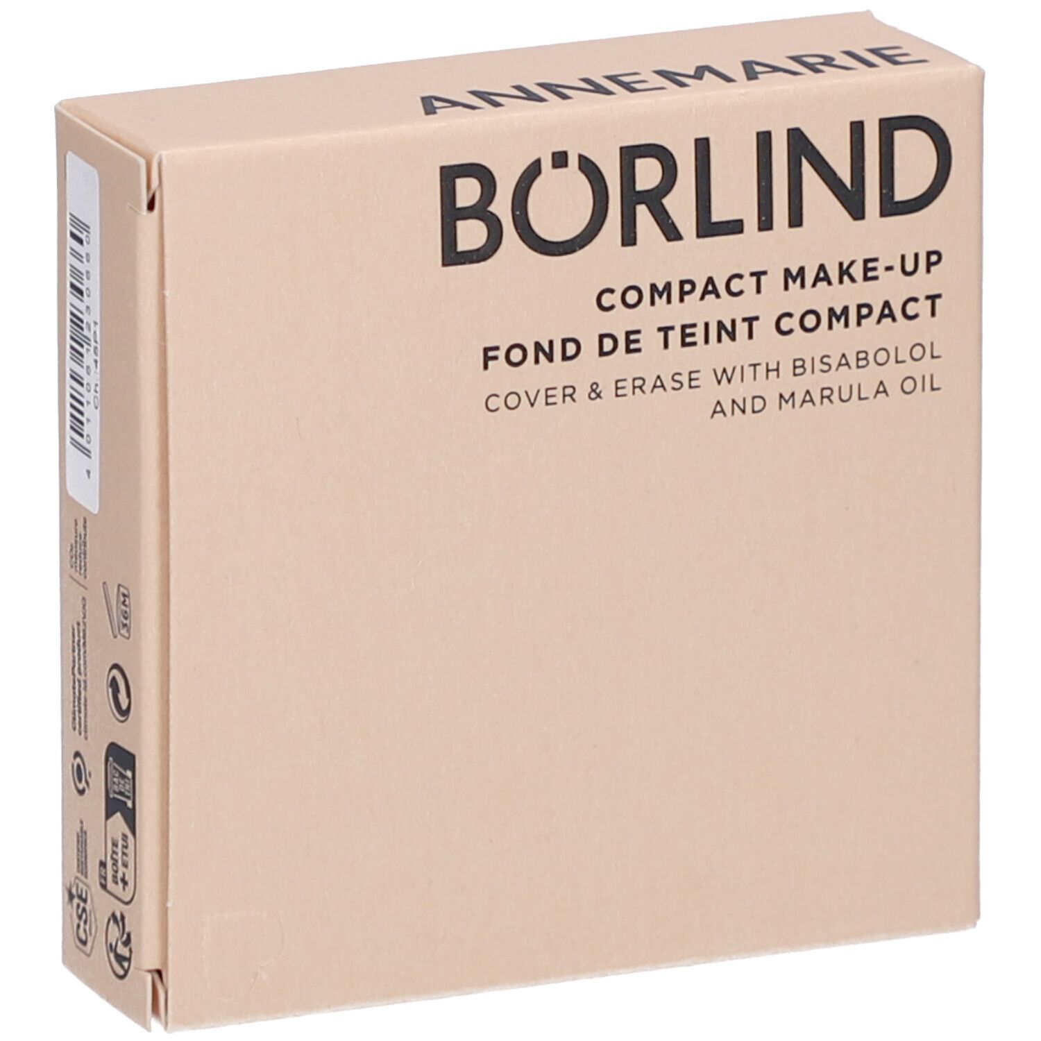 Kompakt-Make-up-Verpackung. Marke: Annemarie Börlind. Text: Compact Make-up, Cover & Erase. Beige Kartonage.