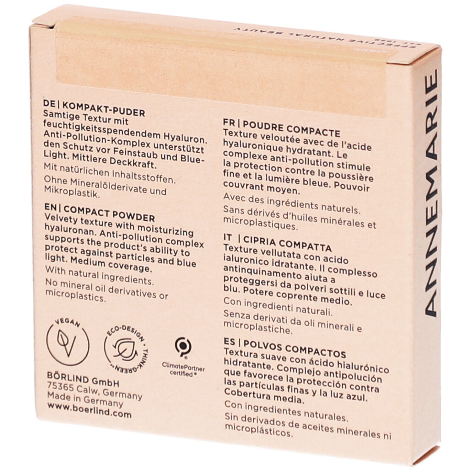 Rückseite der Kompaktpuder-Verpackung. Text in Deutsch, Englisch, Französisch, Italienisch und Spanisch. Vegan-Logo.