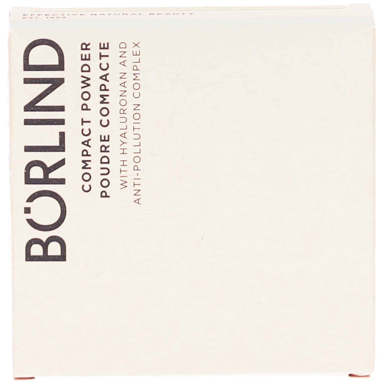 Kompaktpuder-Verpackung. Beige Karton mit schwarzem Schriftzug BÖRLIND. Text: COMPACT POWDER, POUDRE COMPACTE.