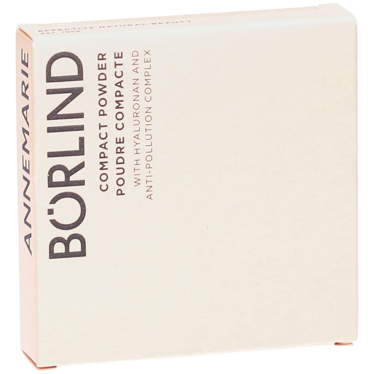 Kompaktpuder-Verpackung. Beige Karton mit schwarzem Schriftzug ANNEMARIE BÖRLIND. Text: COMPACT POWDER, POUDRE COMPACTE.