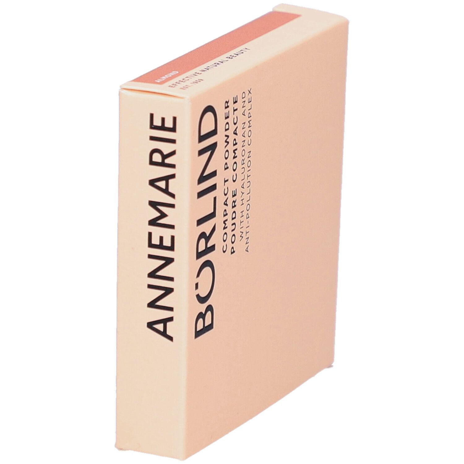 Kompakt-Puder-Verpackung. Beige Karton mit Produktinformationen. Schwarzer Schriftzug ANNEMARIE BÖRLIND.