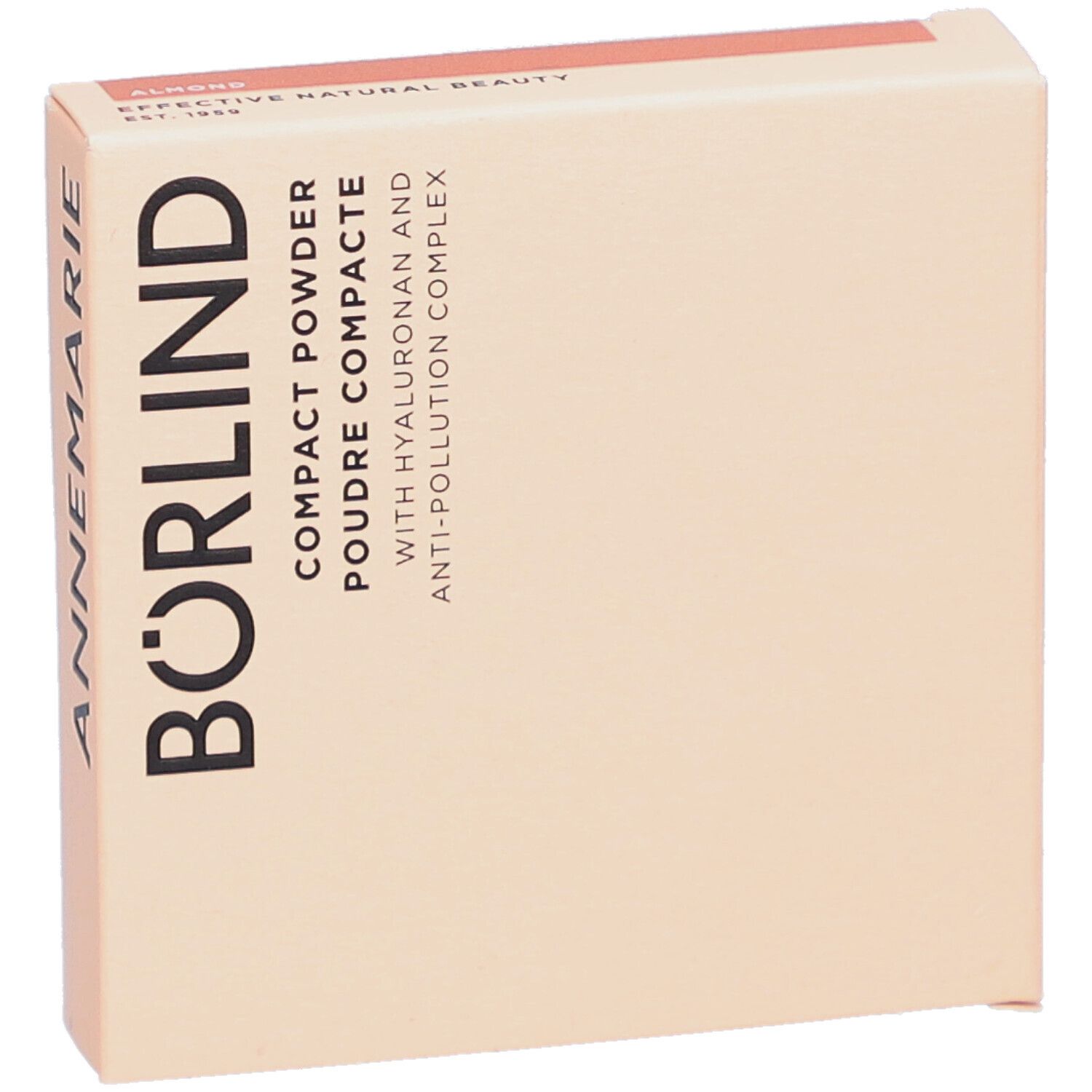 Kompakt-Puder-Verpackung. Beige Karton mit Produktinformationen. Schwarzer Schriftzug ANNEMARIE BÖRLIND.
