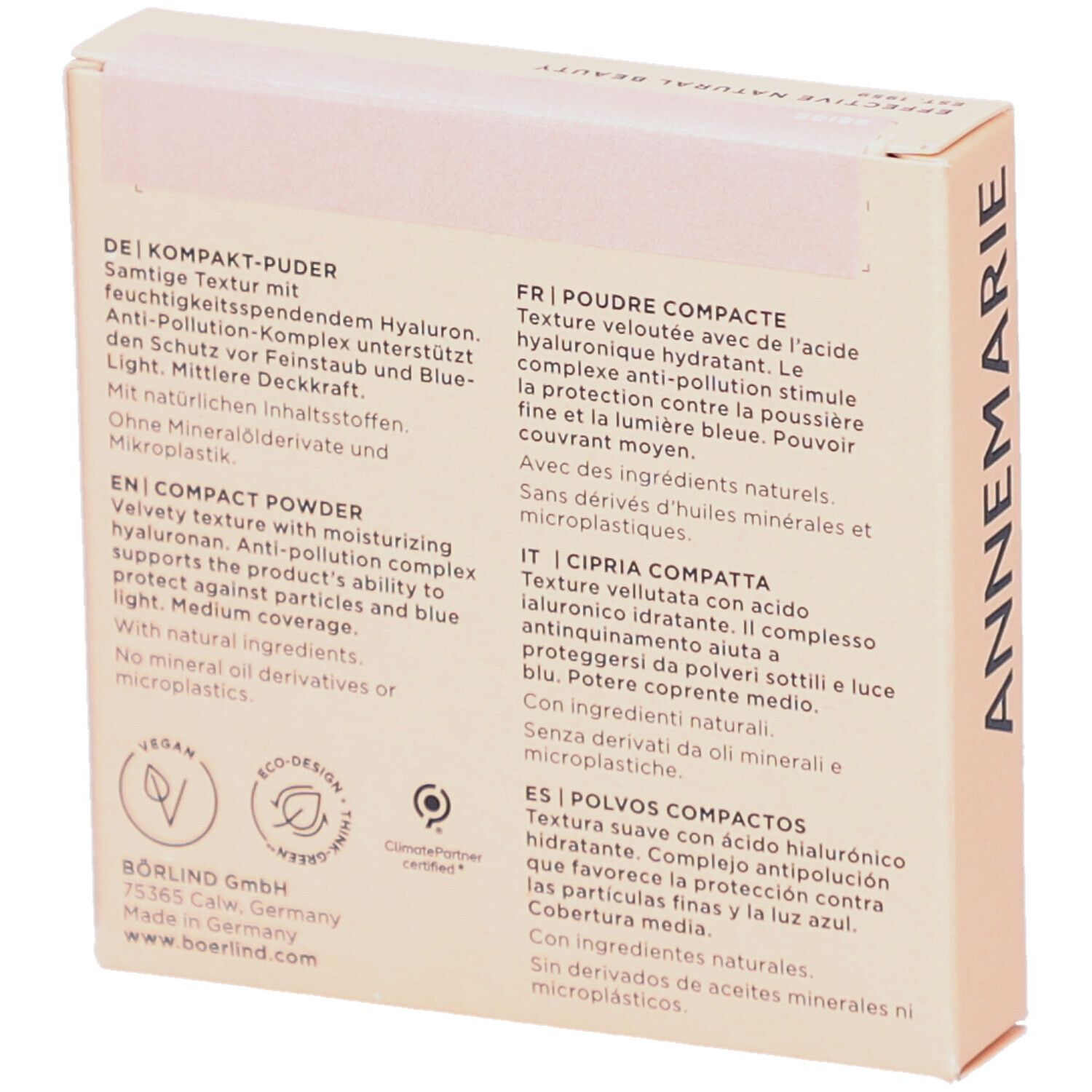 Rückseite der Kompaktpuder-Verpackung. Text in Deutsch, Englisch, Französisch, Italienisch und Spanisch. Logos: Vegan, Eco-Design, ClimatePartner.