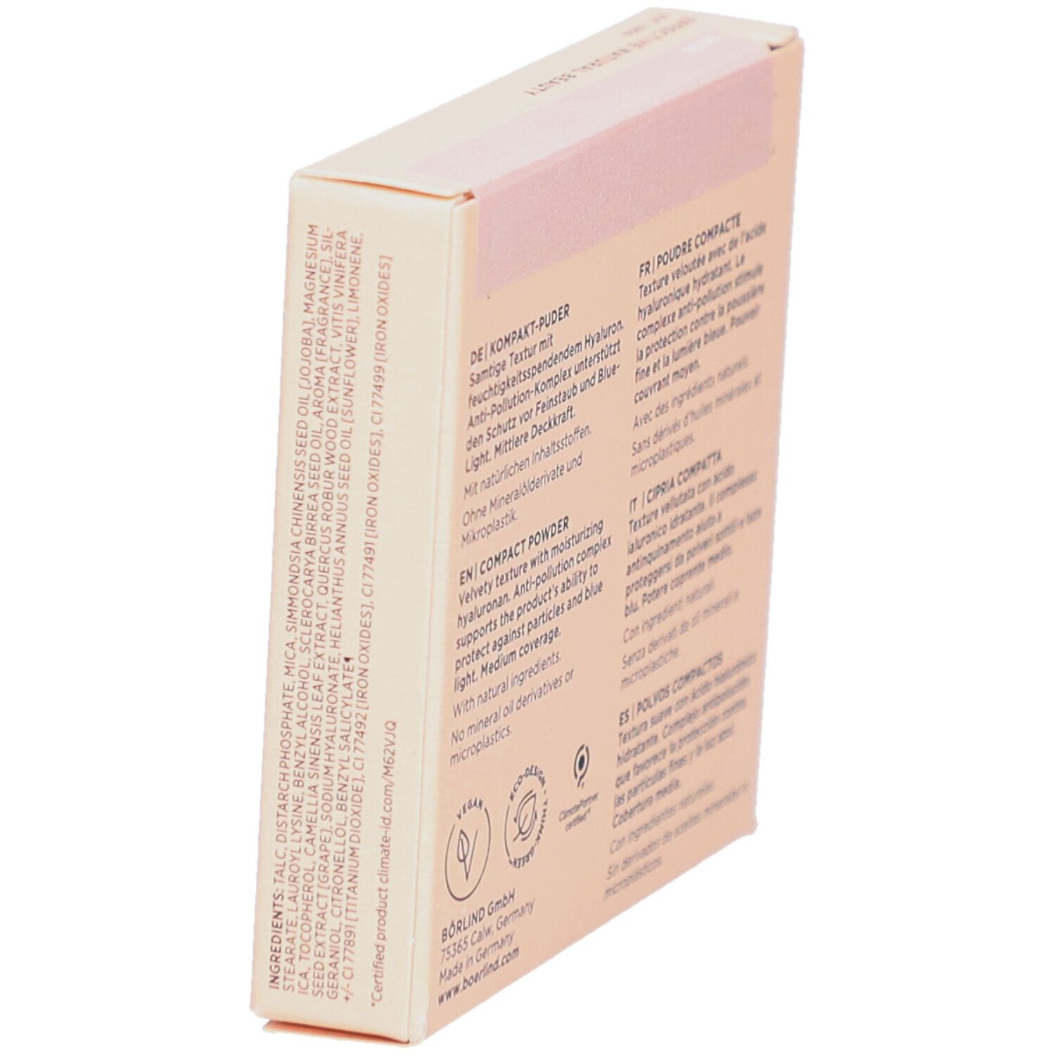 Seite der Kompaktpuder-Verpackung. Text: Inhaltsstoffe, BÖRLIND GmbH, Made in Germany. Logos: Vegan, Eco-Design, ClimatePartner.