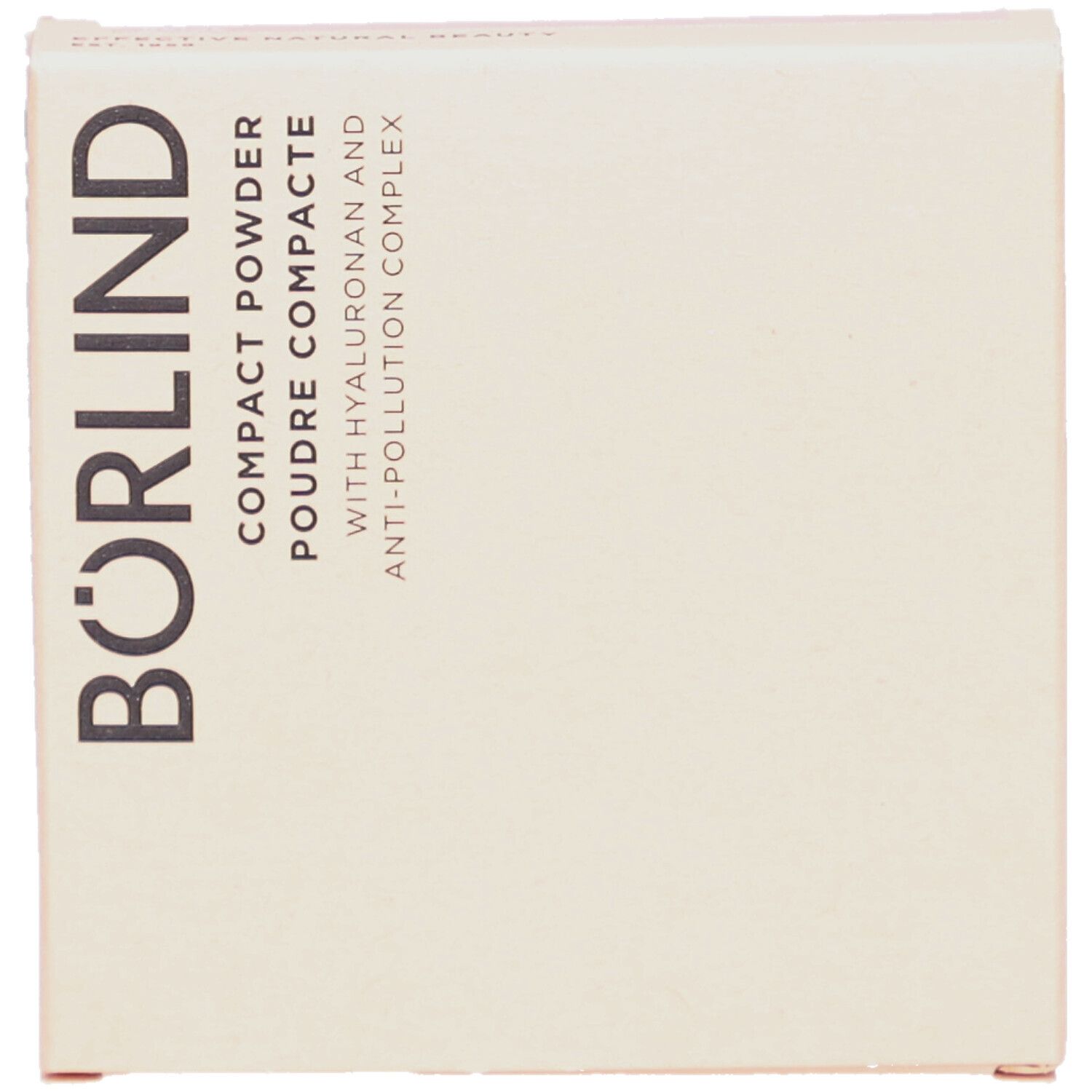 Kompaktpuder-Verpackung. Beige Karton mit Schriftzug BÖRLIND. Text: Compact Powder, Poudre Compacte, mit Hyaluron und Anti-Pollution Complex.