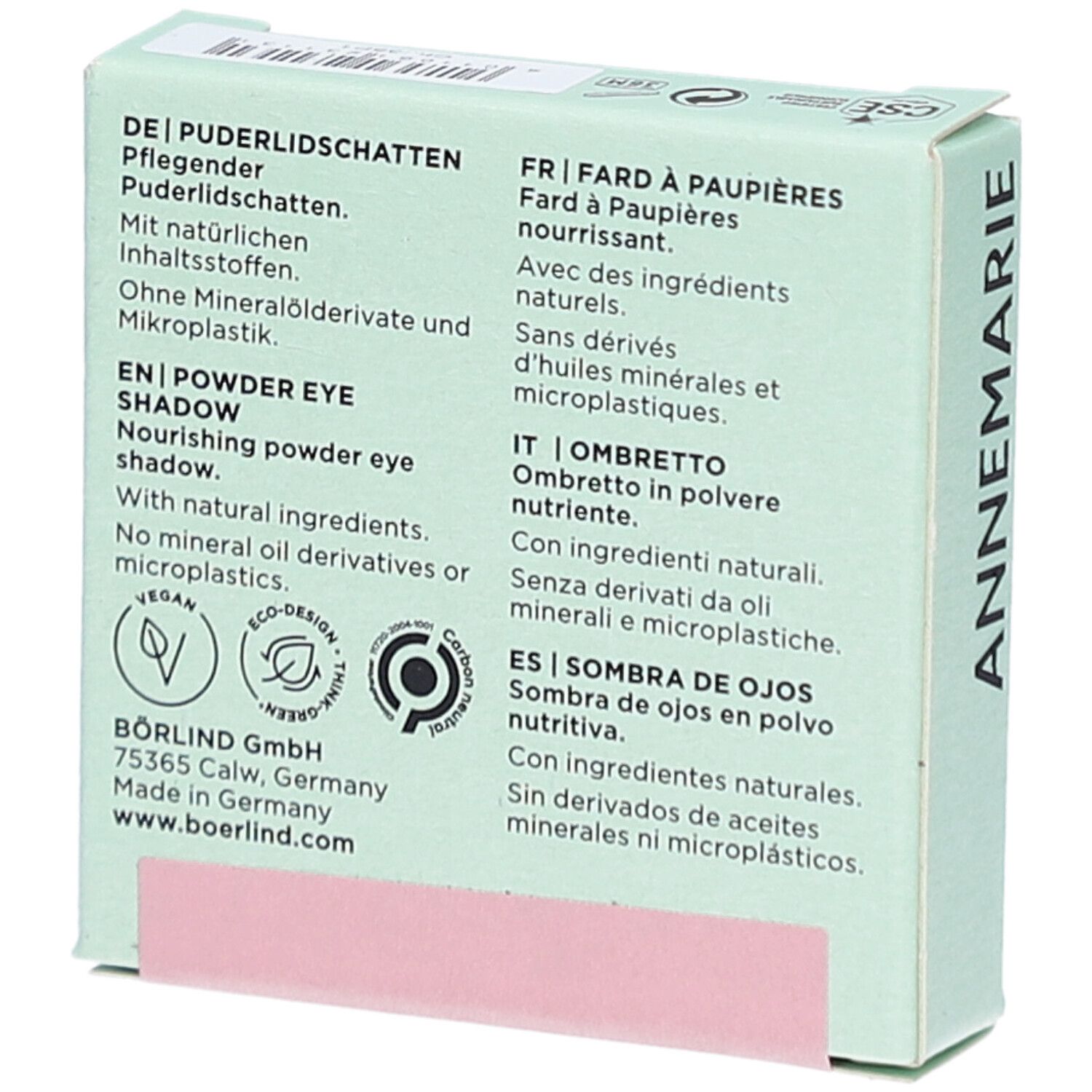 Hellgrüne Verpackung. Rückseite mit Text in Deutsch, Englisch, Französisch, Italienisch und Spanisch. Vegan-Logo.