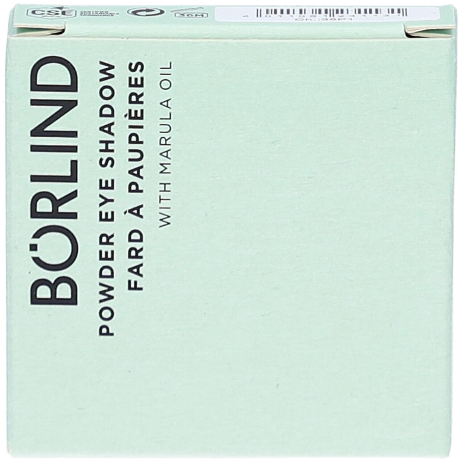 Hellgrüne Verpackung. Aufschrift: BÖRLIND, Powder Eye Shadow, Fard à paupières, with Marula Oil. Oben links: Logo.