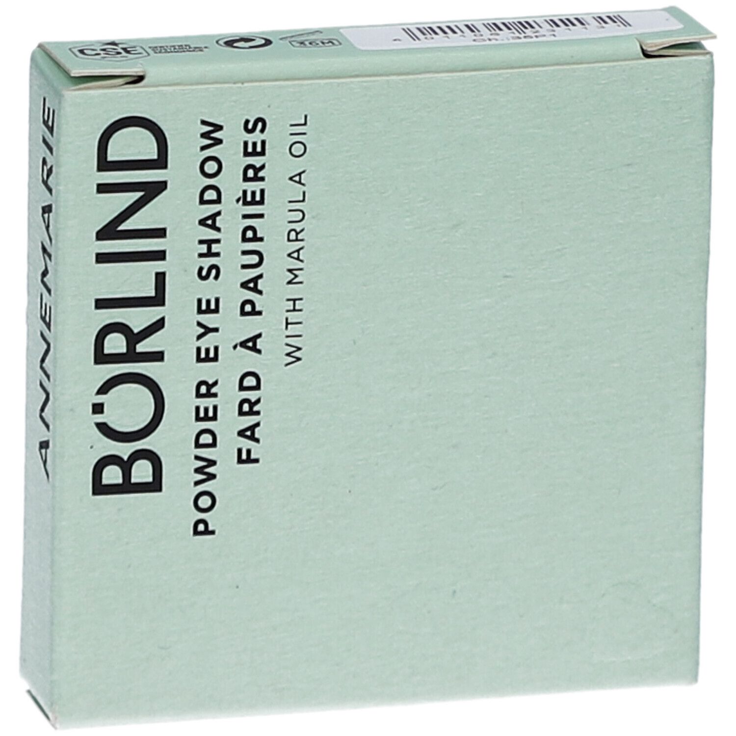 Hellgrüne Verpackung. Aufschrift: BÖRLIND, Powder Eye Shadow, Fard à paupières, with Marula Oil. Oben links: Logo.