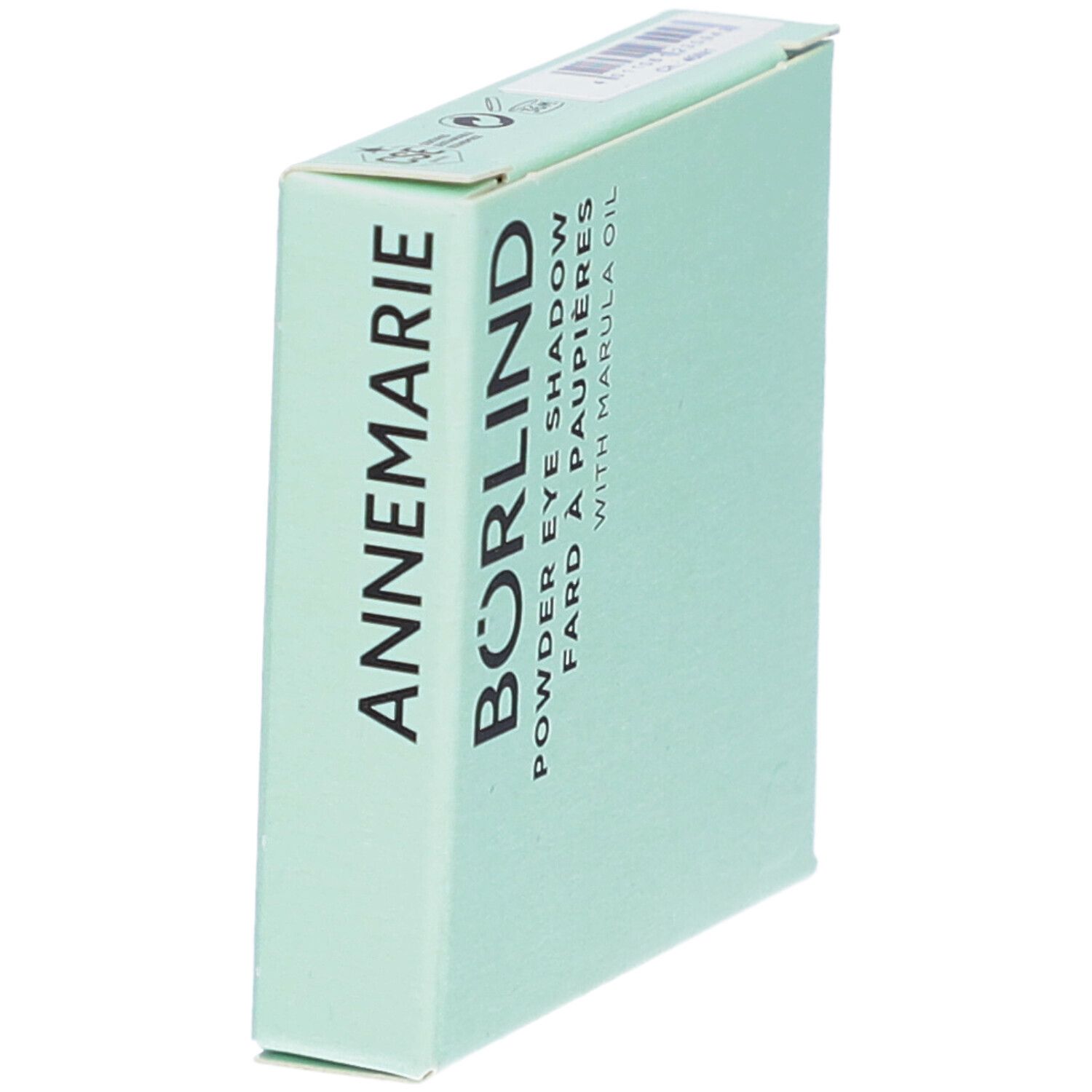 BÖRLIND Eyeshadow-Verpackung. Weiß-grüner Karton mit Produktbezeichnung. Eckige Form, schräg.