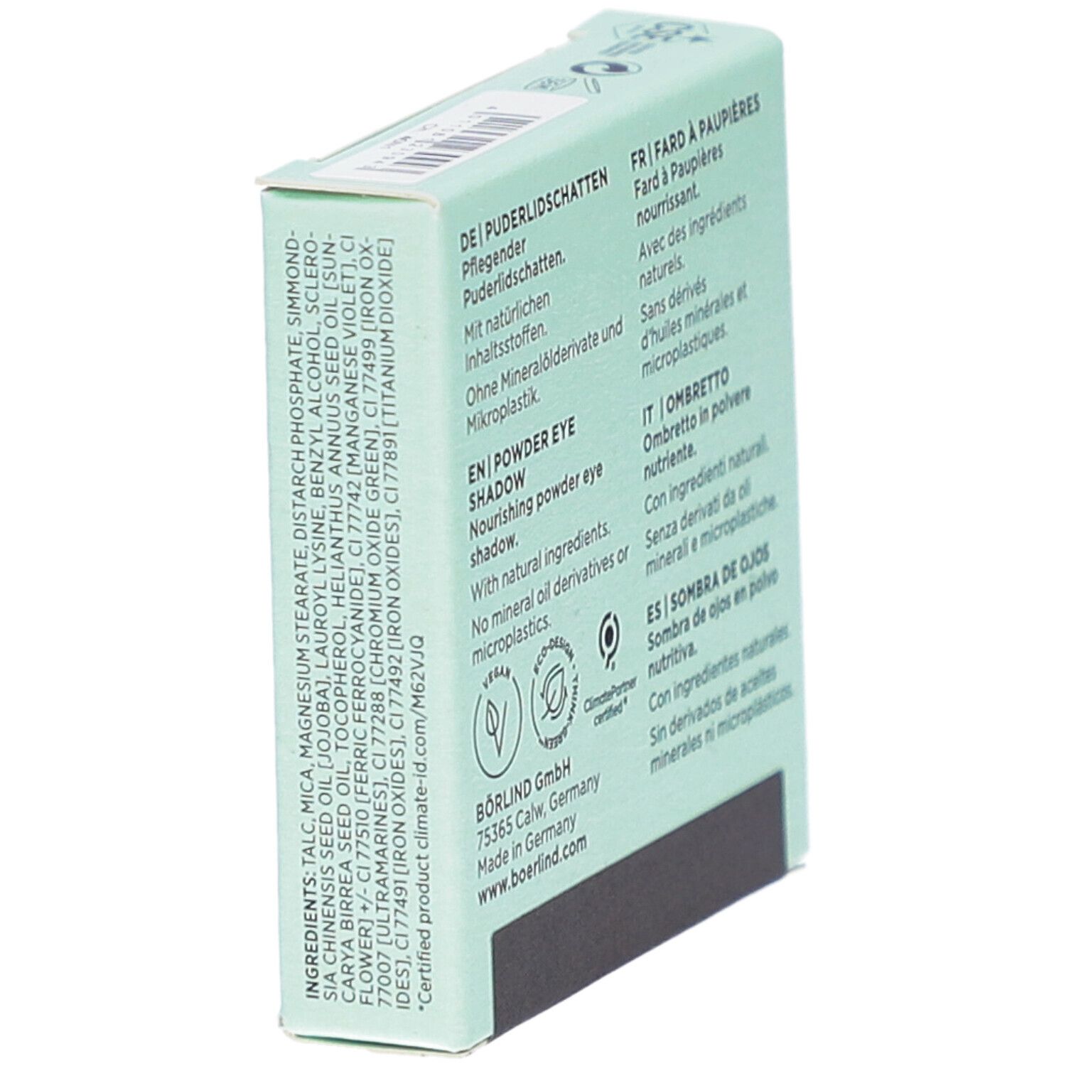 BÖRLIND Eyeshadow-Verpackung. Rückseite mit Inhaltsstoffen und Zertifizierungen. Eckige Form, schräg.