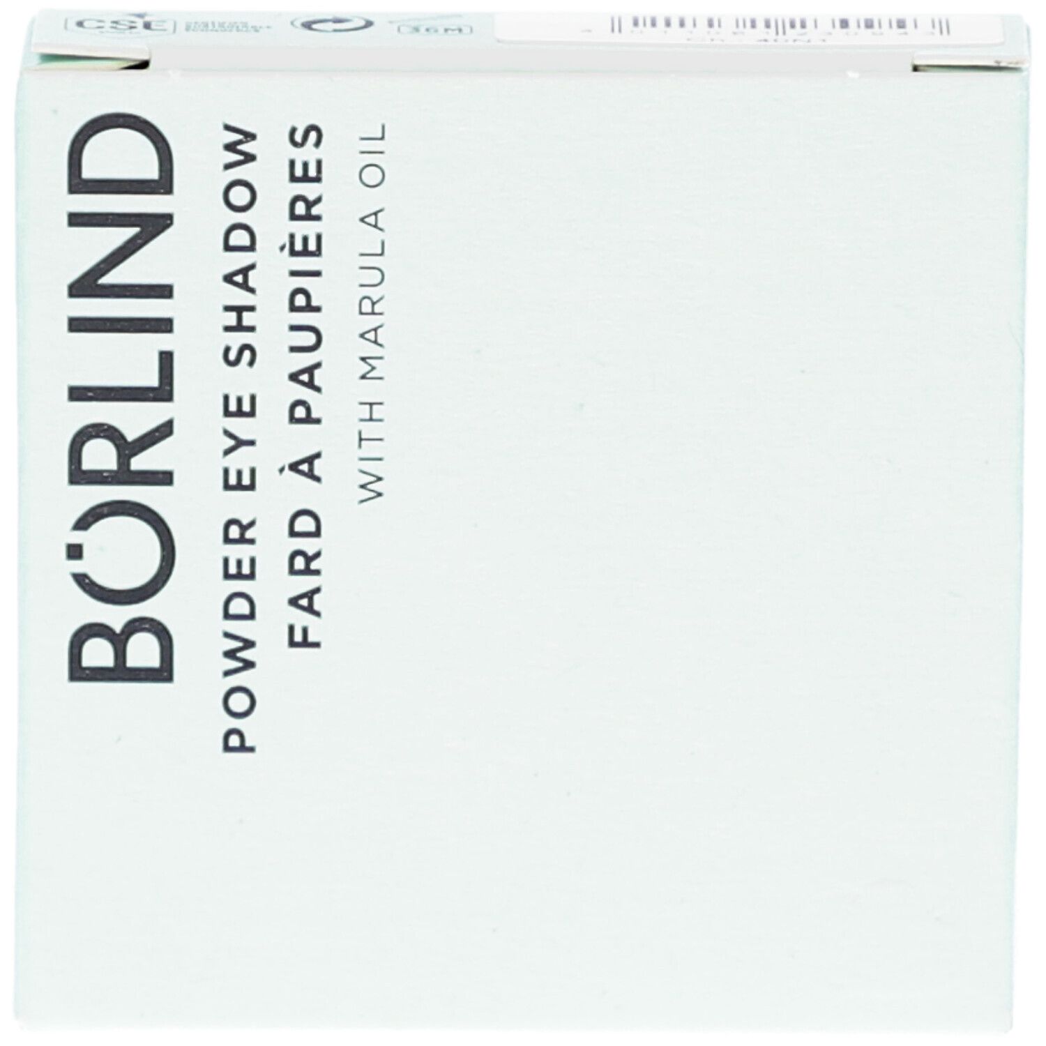 BÖRLIND Eyeshadow-Verpackung. Weißer Karton mit Produktbezeichnung und Marula-Öl. Draufsicht.