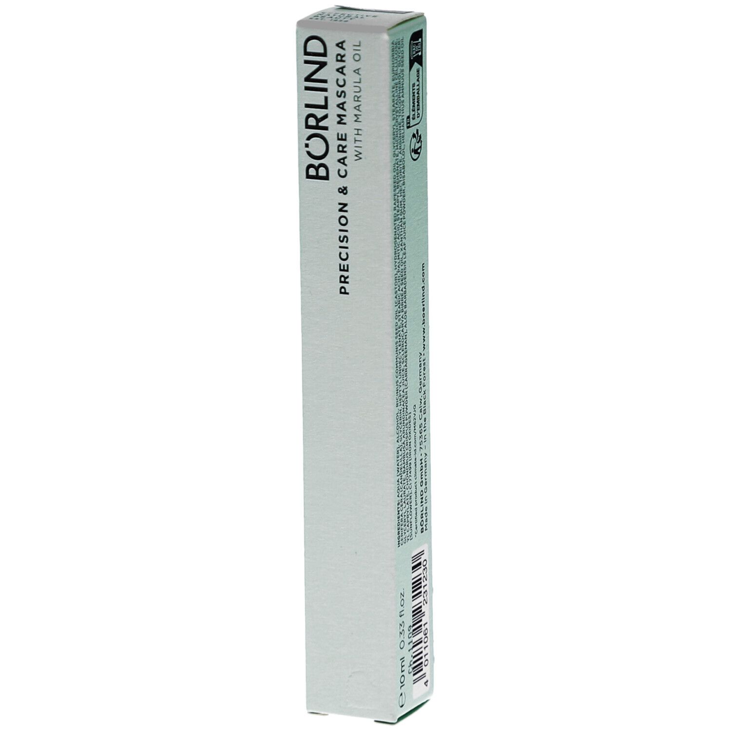 BÖRLIND Mascara precision & care black. Hellgrüne Verpackung. Text: precision & care mascara with marula oil. 10 ml.