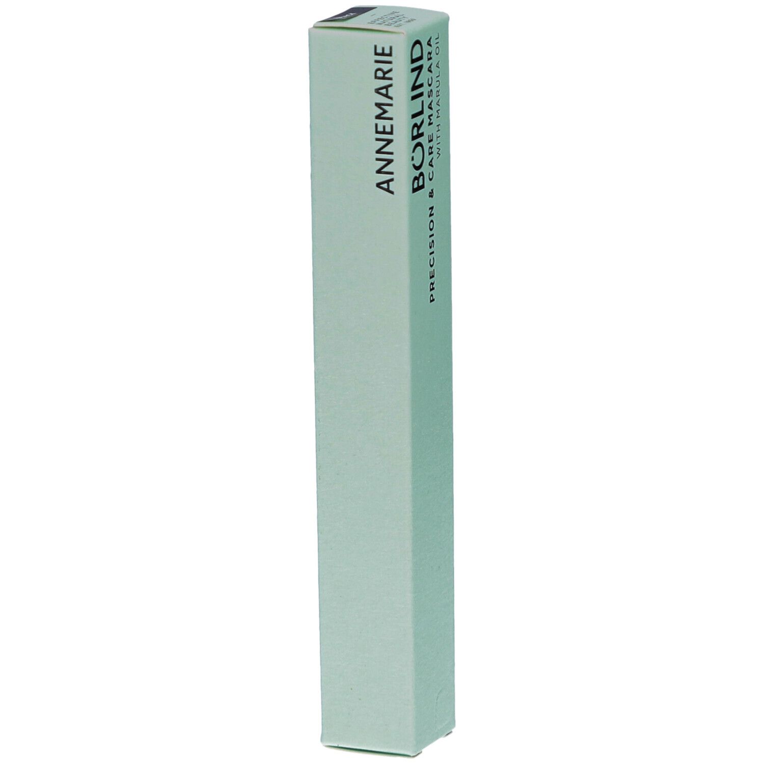 Hellgrüne Verpackung. Text: ANNEMARIE BÖRLIND. precision & care mascara. Auf der Verpackung steht der Markenname.