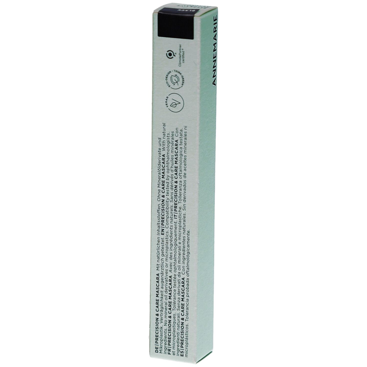 Hellgrüne Verpackung. Text: ANNEMARIE BÖRLIND. precision & care mascara. Auf der Verpackung stehen Inhaltsstoffe und Zertifizierungen.