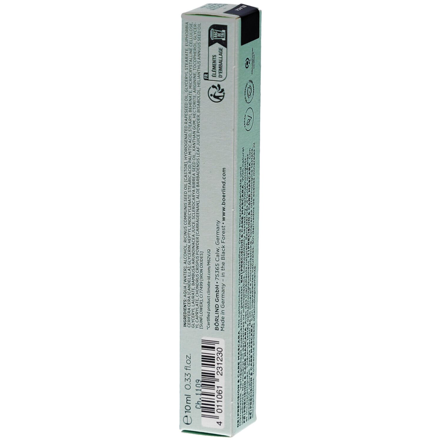 Hellgrüne Verpackung. Text: ANNEMARIE BÖRLIND. precision & care mascara. Auf der Verpackung stehen Inhaltsstoffe und Adresse.
