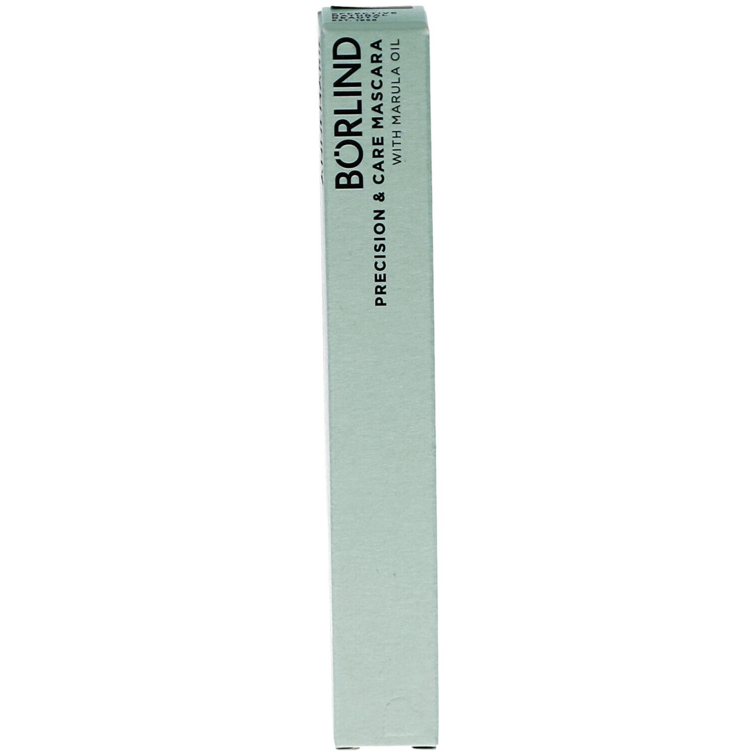 BÖRLIND Mascara precision & care black. Hellgrüne Verpackung. Text: precision & care mascara with marula oil.