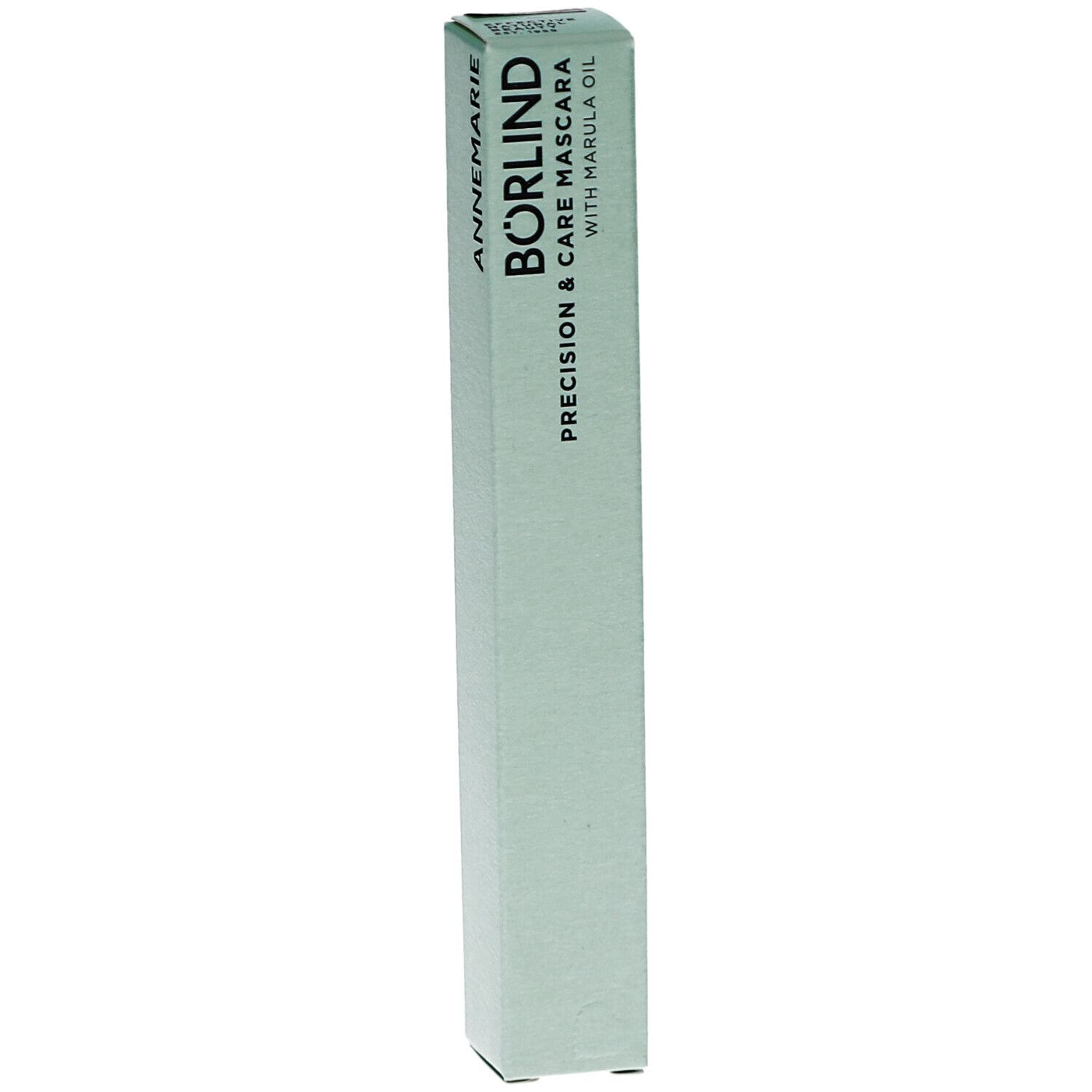 Hellgrüne Verpackung. Text: ANNEMARIE BÖRLIND. BÖRLIND precision & care mascara with marula oil. Markenname auf der Verpackung.