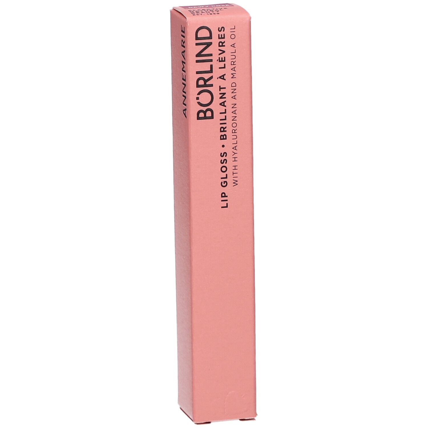 Rosa Verpackung mit ANNEMARIE BÖRLIND Lip Gloss Aufschrift. Enthält Hyaluron und Marulaöl.