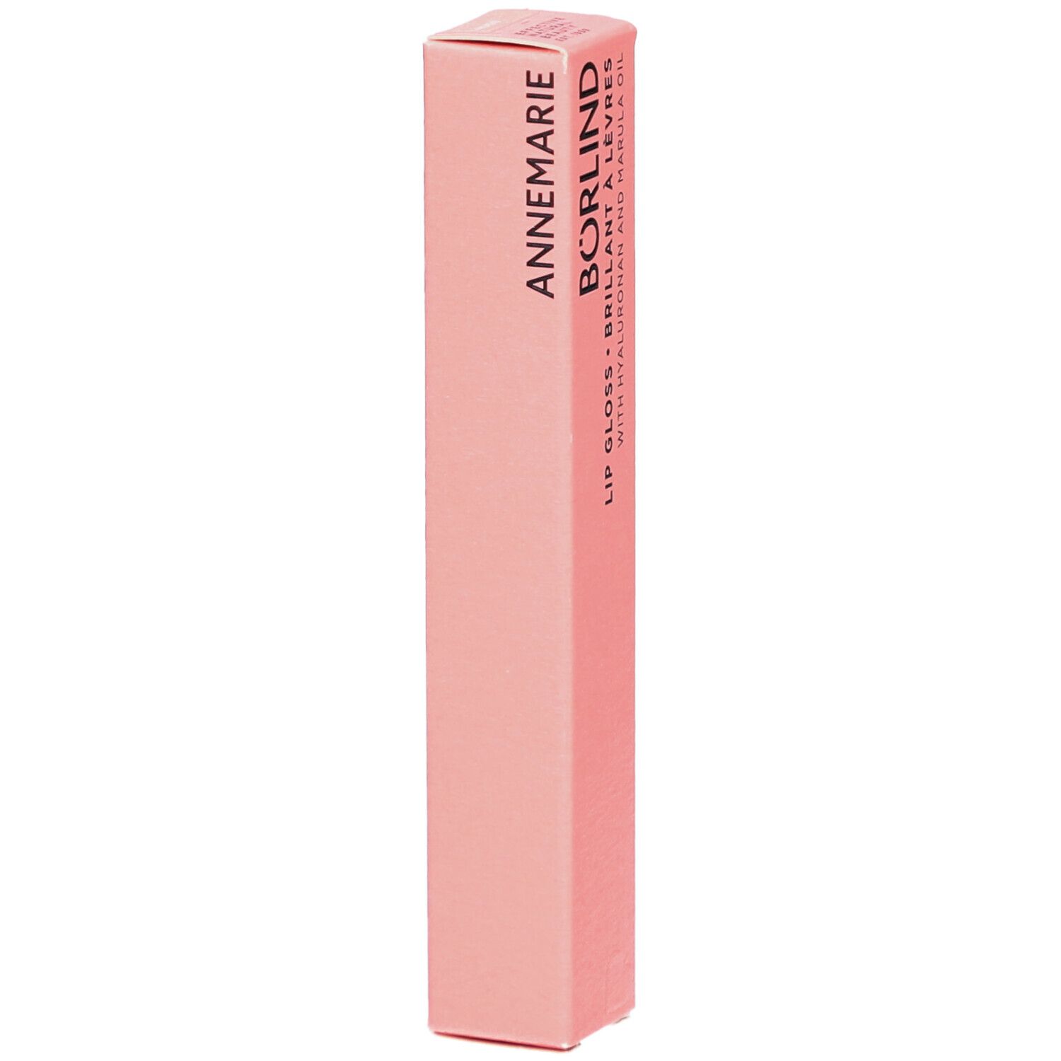 Rosa Verpackung von ANNEMARIE BÖRLIND Lipgloss. Text: LIP GLOSS, BRILLANT À LÈVRES, WITH HYALURONAN AND MARULA OIL.